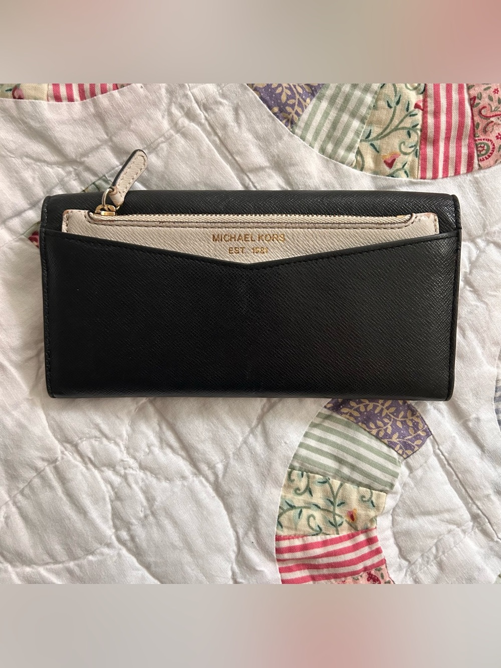 Michael Kors Black and Cream Saffiano Zip-Around Wallet